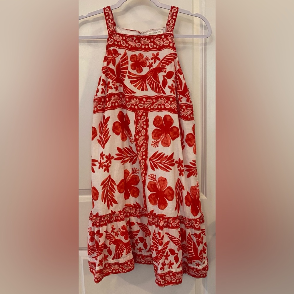 Crown & Ivy Halter Dress Sz XS White With Red Floral & Bird Design Pockets Lined